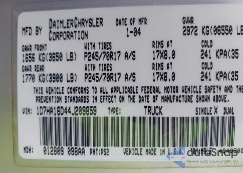 2004 Dodge Ram 1500 Slt/Laramie из США, поврежденный, VIN 1D7HA16D44J209859